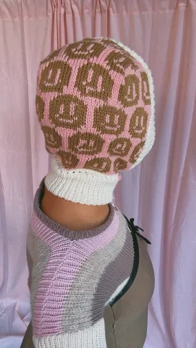 (1 Of 2) Smiley Aran 'Salmon,Ivory and Brown’ Balaclava - READY TO SHIP