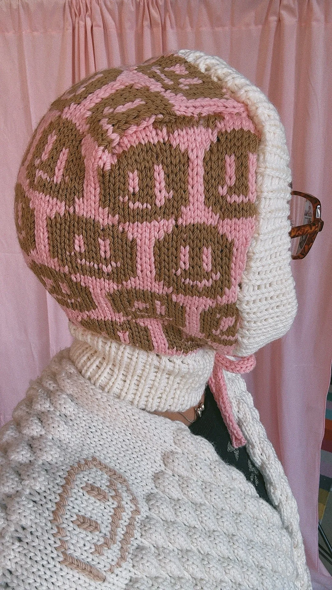 (1 Of 2) Smiley Aran 'Salmon,Ivory and Brown’ Balaclava - READY TO SHIP