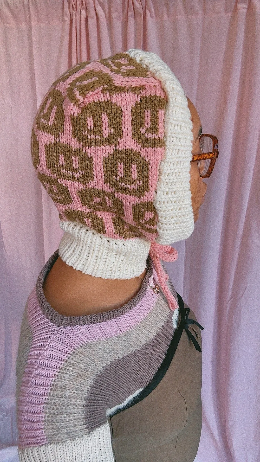 (1 Of 2) Smiley Aran 'Salmon,Ivory and Brown’ Balaclava - READY TO SHIP