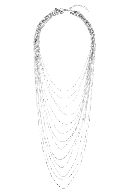 13 Line Beaded Layered Statement Necklace Silver - Pack of 6