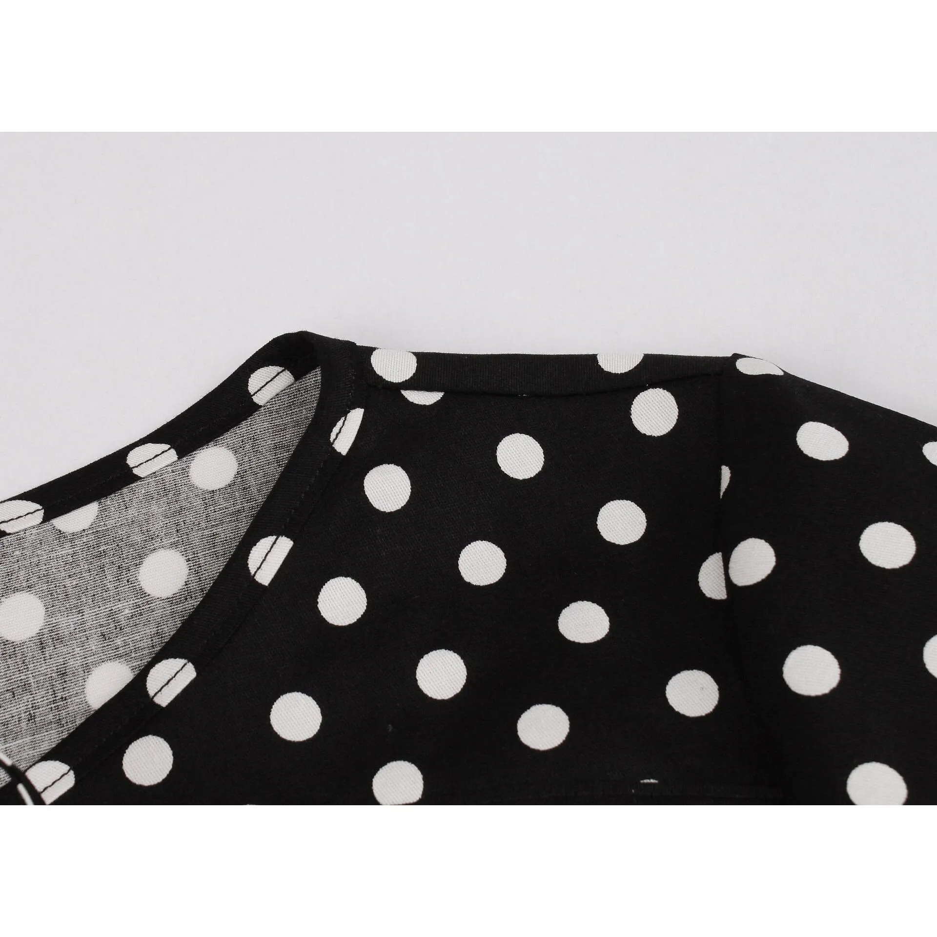 2021 Slim Fit Cotton Black Women Party Dress Small Polka Dot Printing Short Sleeve Swing Causal Office OL Rockabilly Sundress