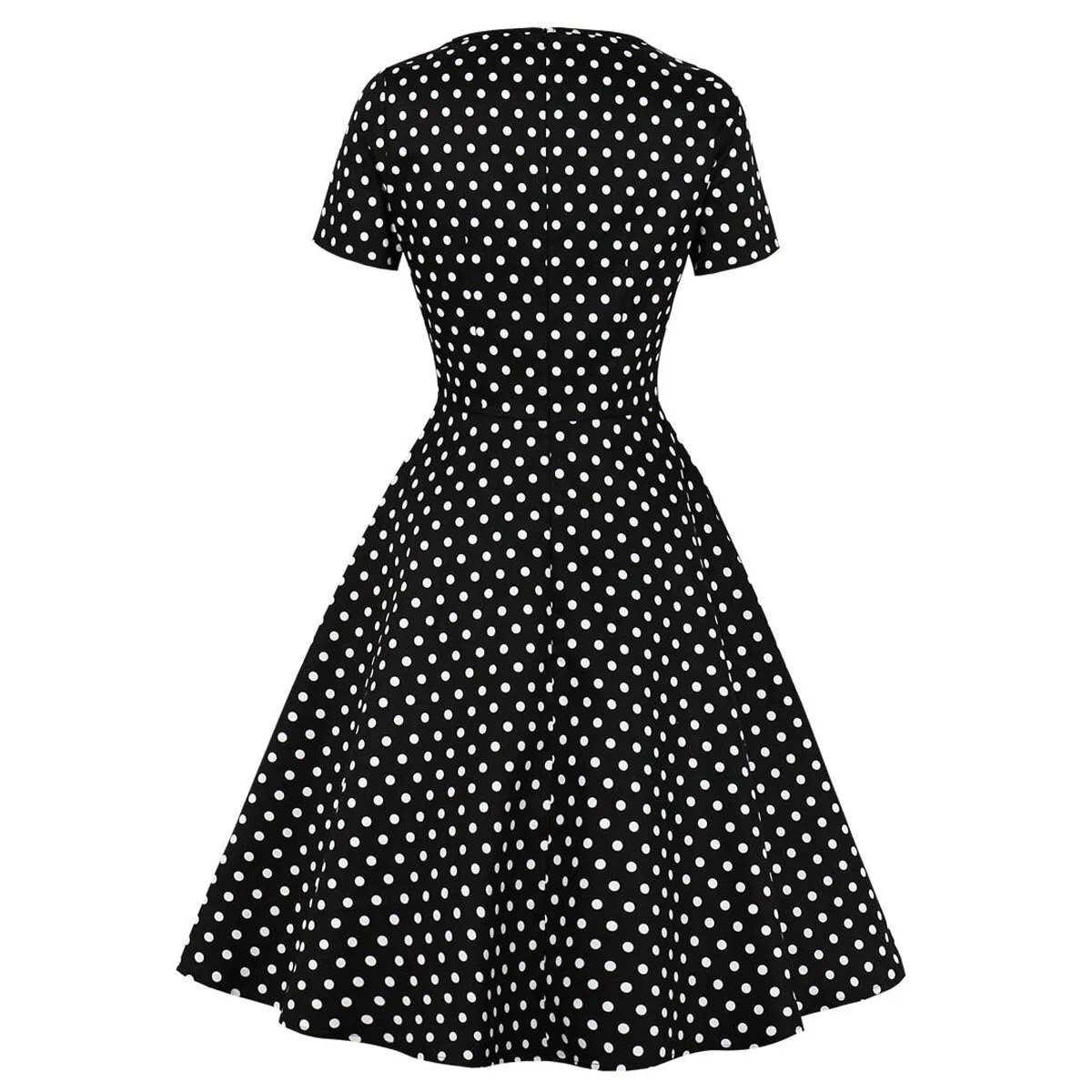 2021 Slim Fit Cotton Black Women Party Dress Small Polka Dot Printing Short Sleeve Swing Causal Office OL Rockabilly Sundress