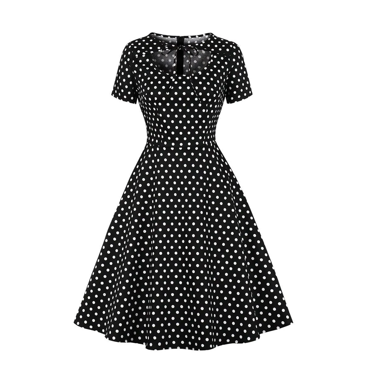 2021 Slim Fit Cotton Black Women Party Dress Small Polka Dot Printing Short Sleeve Swing Causal Office OL Rockabilly Sundress