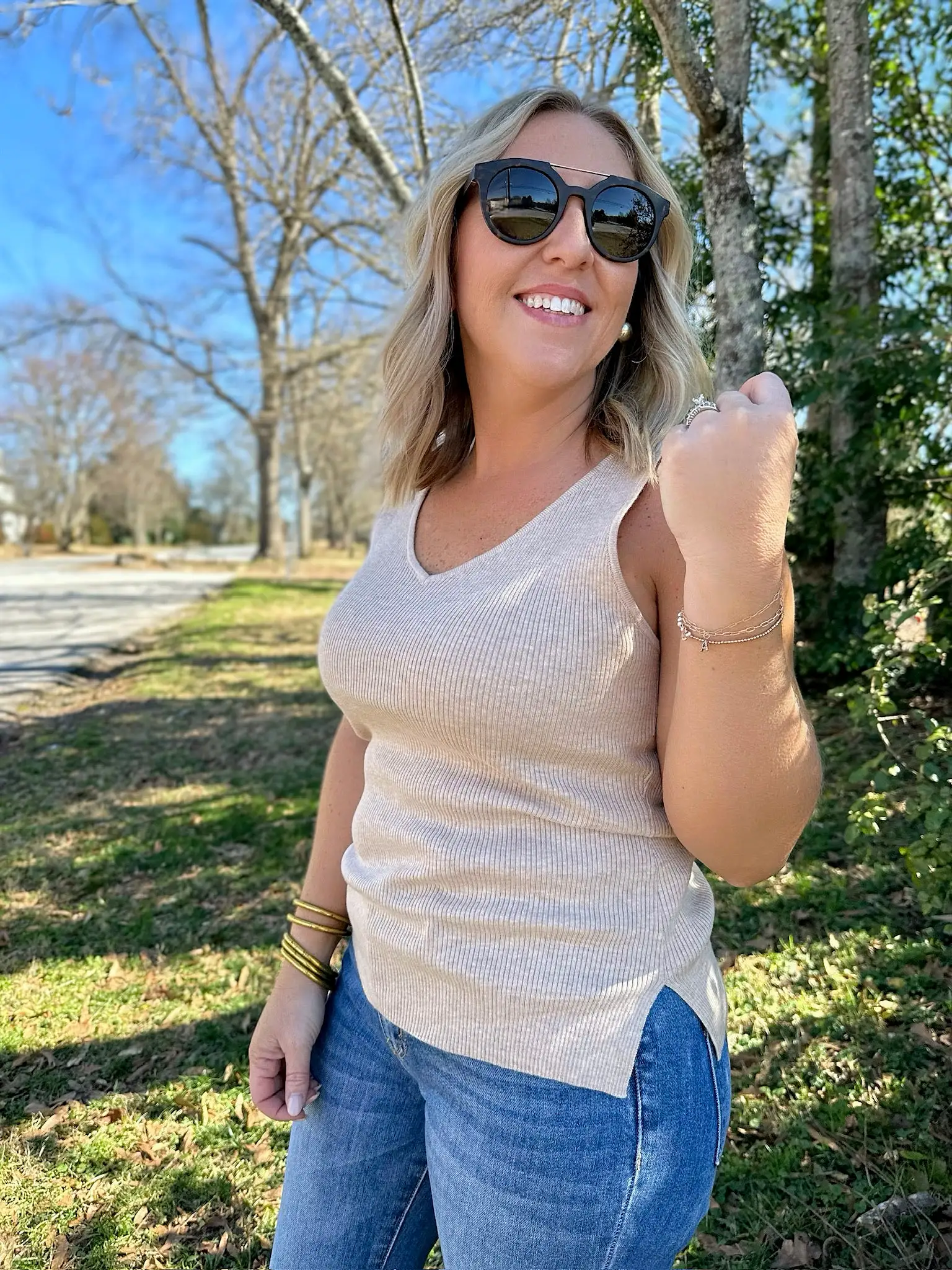 Back Then Vneck Sleeveless Ribbed Sweater Tank- Taupe