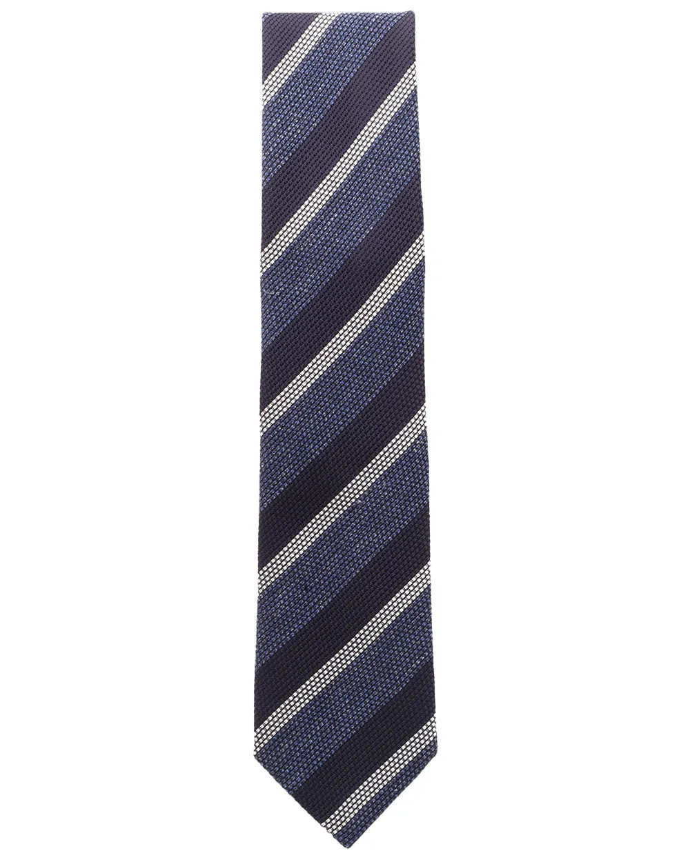 Blue Navy and White Silk and Linen Striped Tie