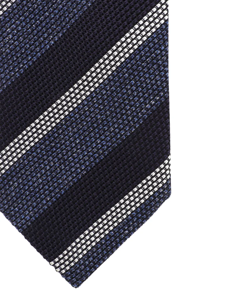 Blue Navy and White Silk and Linen Striped Tie