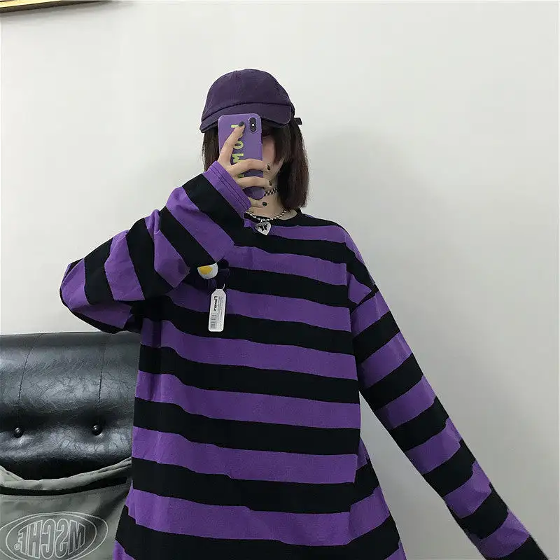 CHIC PURPLE STRIPE LONG-SLEEVE T-SHIRT BY22473