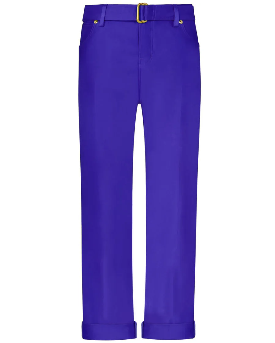 Cobalt Blue Double Silk Duchesse Boyfriend Fit Belted Pant