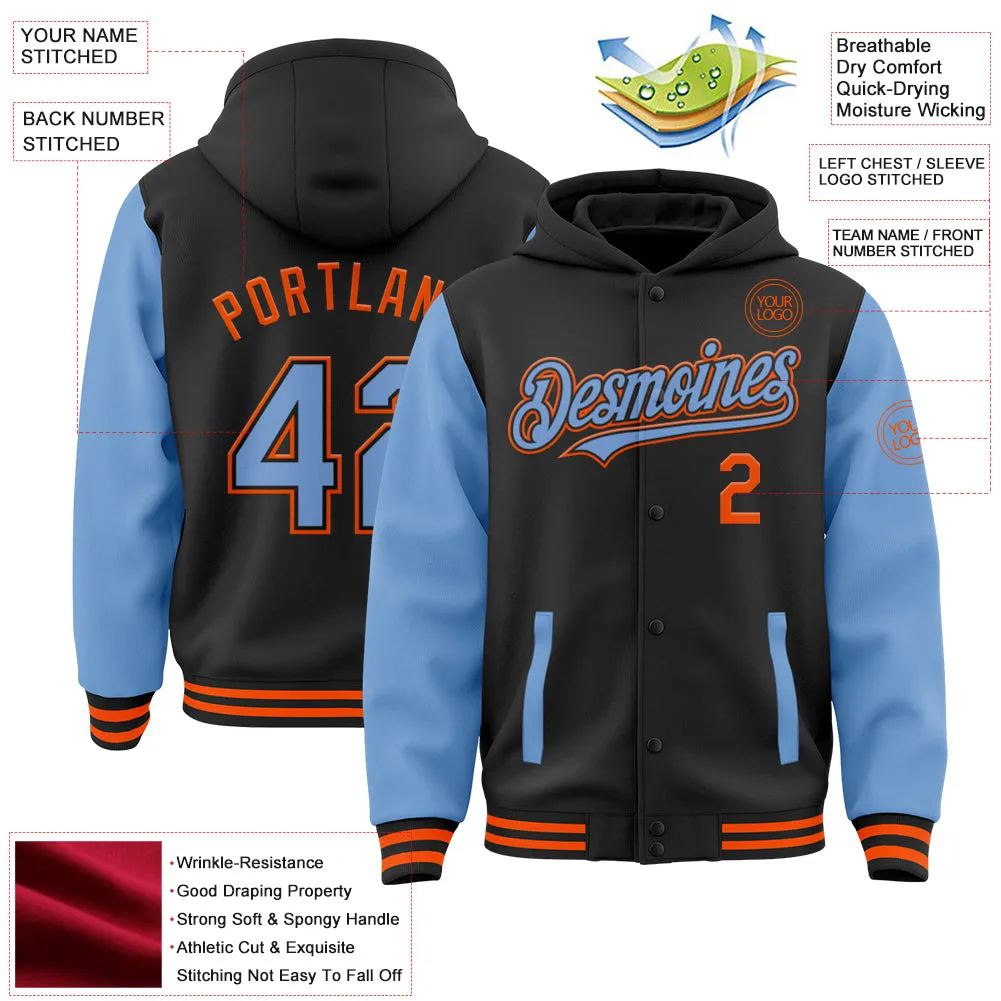 Custom Black Light Blue-Orange Bomber Full-Snap Varsity Letterman Two Tone Hoodie Jacket