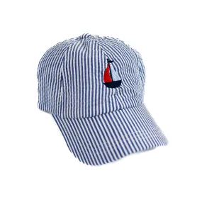 Denim Embroidered Seersucker Ball Cap - Sailboat