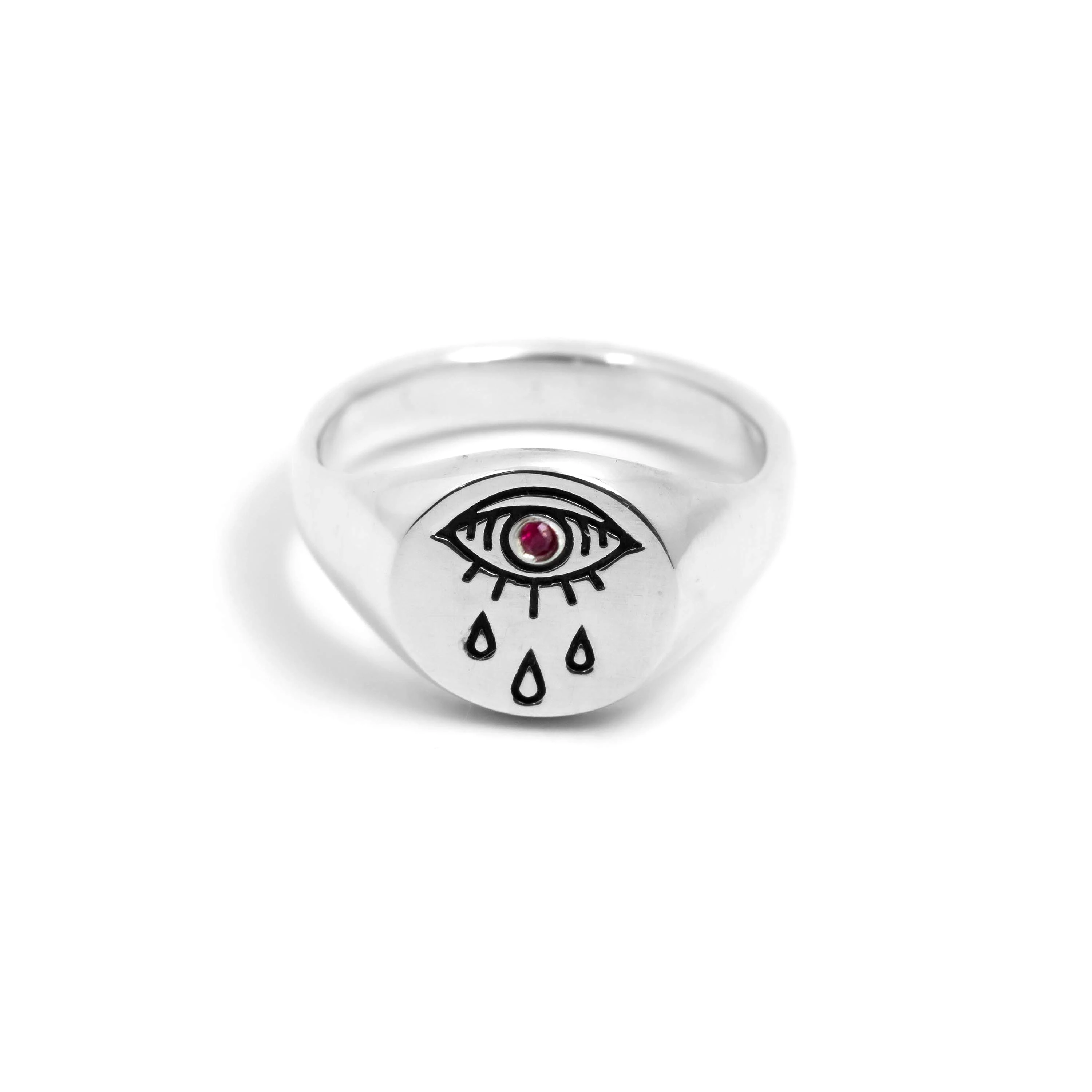 Evil Eye Teardrop Signet Ring in Sterling Silver