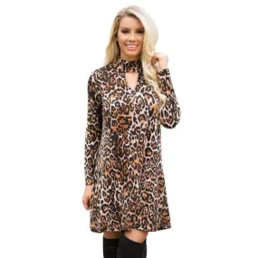 Fashion Women Leopard Print Sexy Turleneck Long Sleeve   Slim Loose Casual Mini Dress Women Robe Femme #1123 SM6