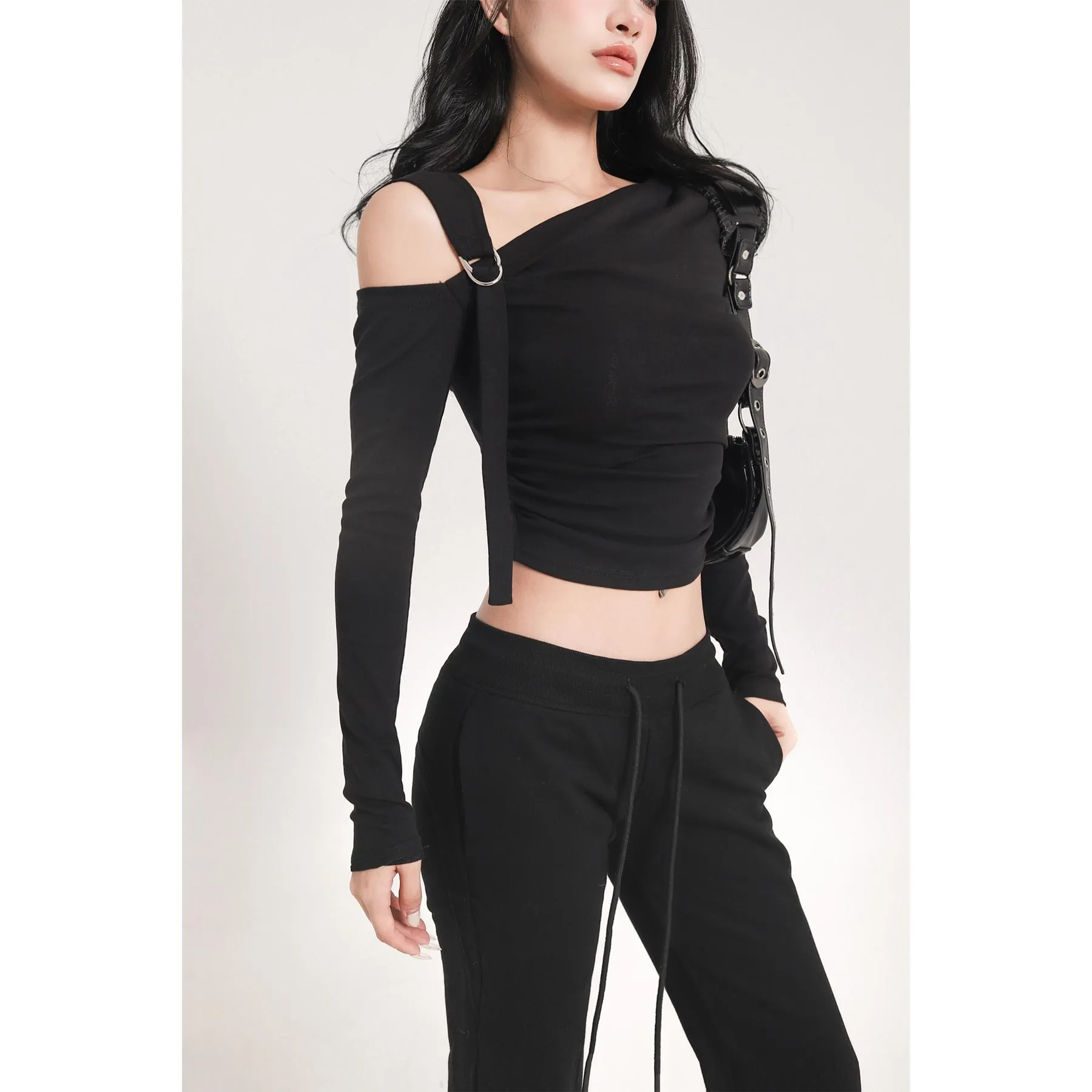 Feliana Solid Color Long Sleeve Cut Out Off One Shoulder Slim Cropped Top