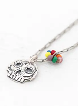 Flower Skull & Beads Pendant Necklace Silver