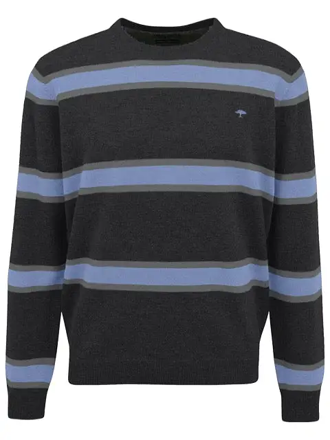 FYNCH HATTON Wool Striped Crew Neck Jumper/Charcoal Steel - AW21 SALE