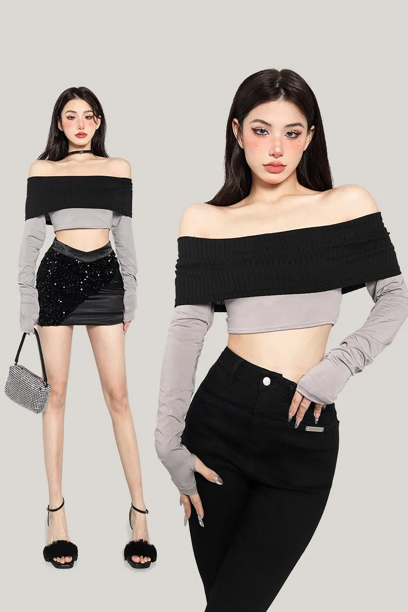 Giana Contrast Color Off the Shoulder Long Sleeve Slim Cropped Top