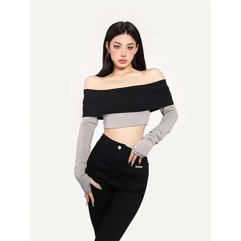 Giana Contrast Color Off the Shoulder Long Sleeve Slim Cropped Top