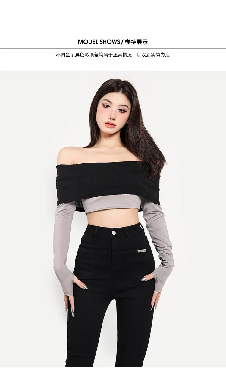 Giana Contrast Color Off the Shoulder Long Sleeve Slim Cropped Top