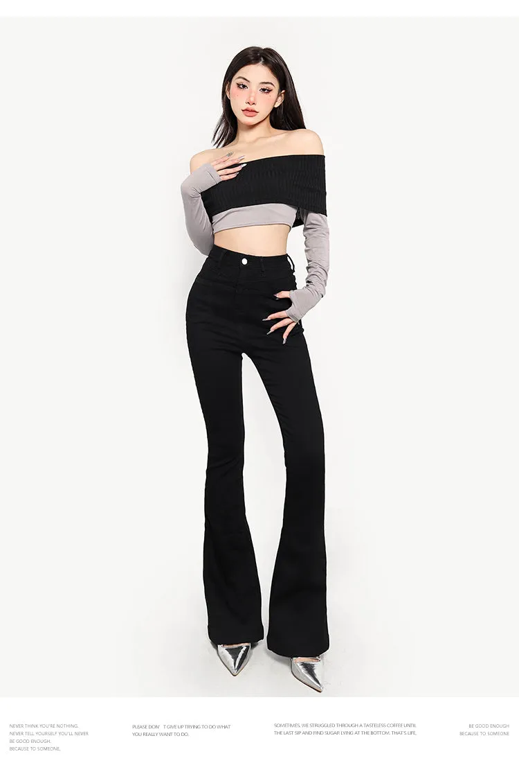 Giana Contrast Color Off the Shoulder Long Sleeve Slim Cropped Top