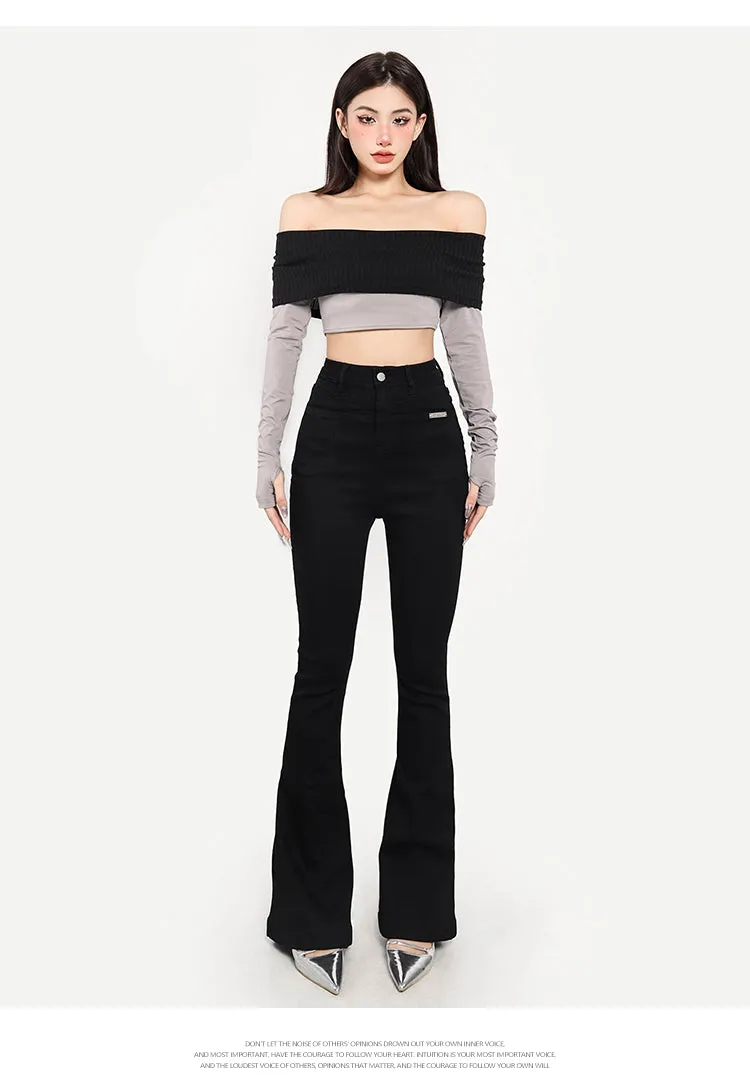 Giana Contrast Color Off the Shoulder Long Sleeve Slim Cropped Top