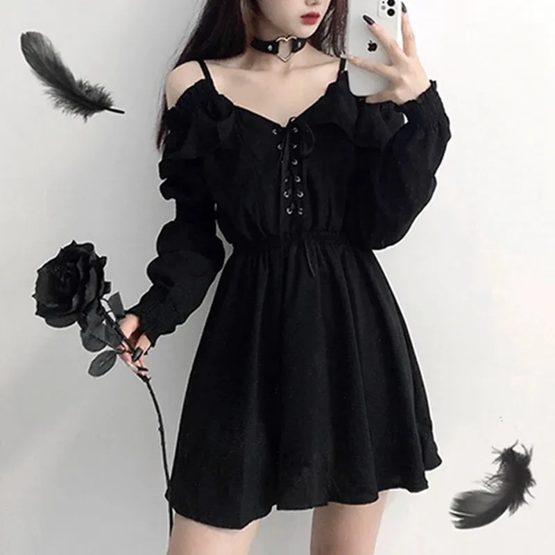 Goth Punk Style Bandage Black Puff Sleeve Dress