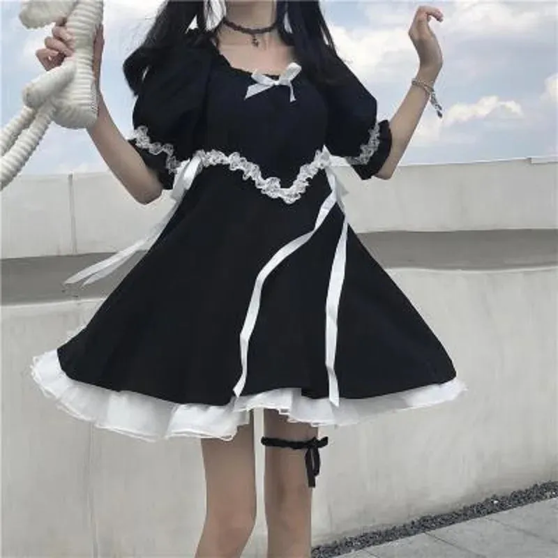 Goth Punk Style Bandage Black Puff Sleeve Dress