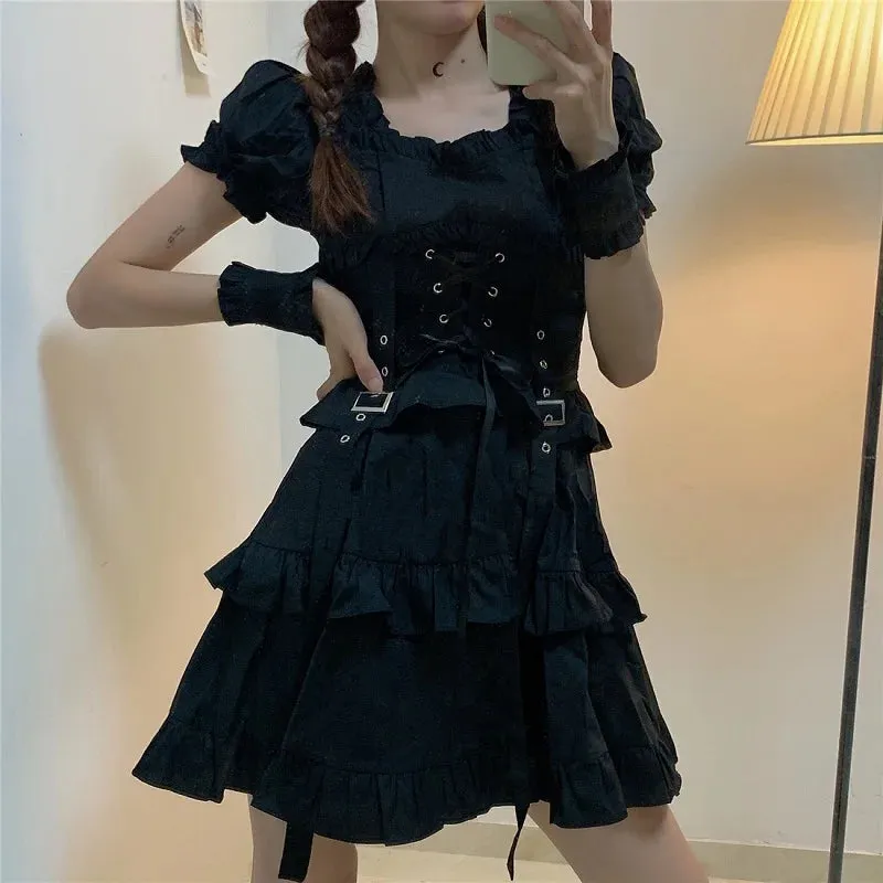 Goth Punk Style Bandage Black Puff Sleeve Dress