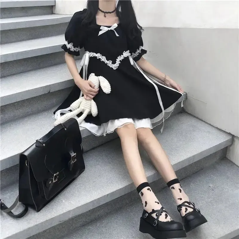 Goth Punk Style Bandage Black Puff Sleeve Dress