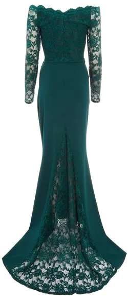 Green Bardot Lace Fishtail Gown