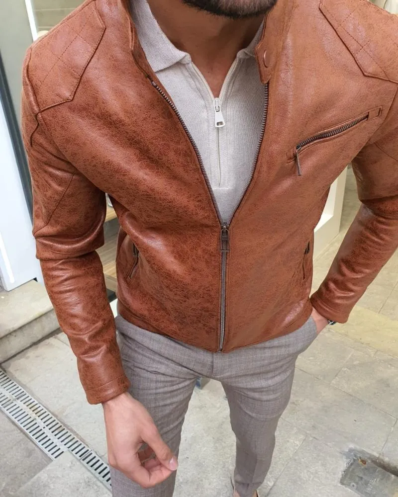 Lerno Camel Slim Fit Suede Leather Zipper Coat