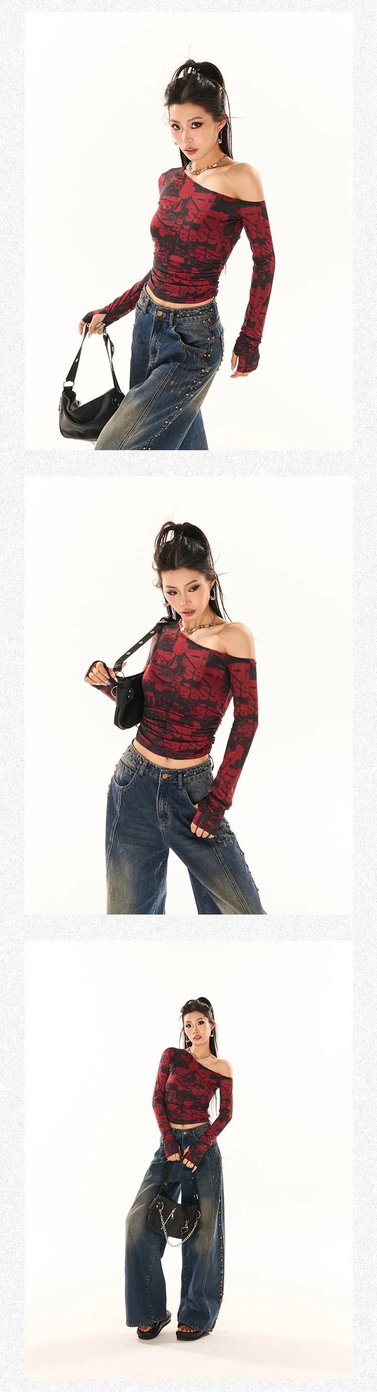 Maranda Graphic Pattern Print Contrast Red & Black Color Off-One-Shoulder Long Sleeve Slim Cropped Top