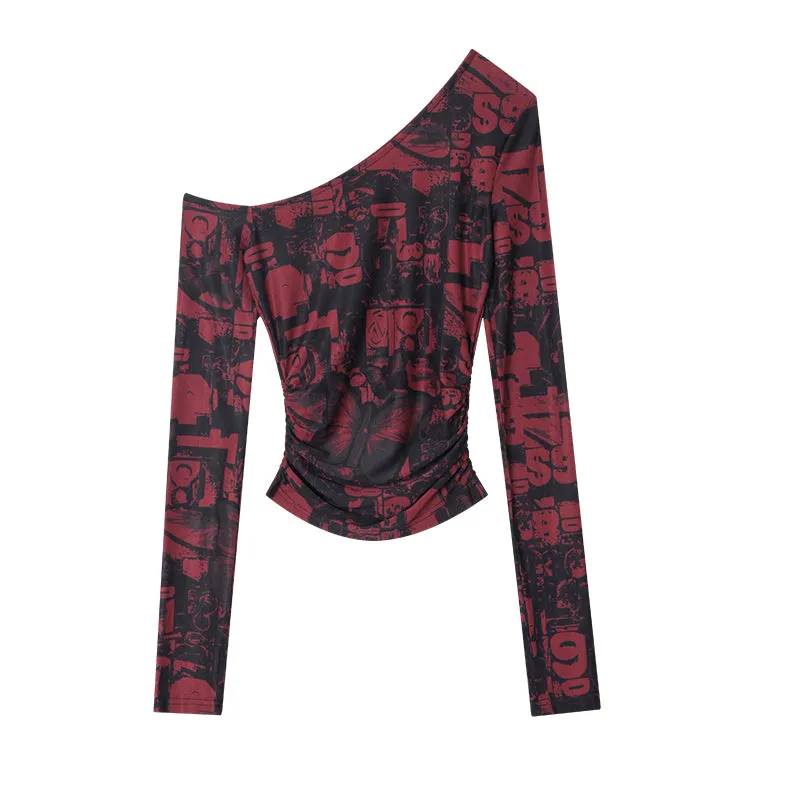 Maranda Graphic Pattern Print Contrast Red & Black Color Off-One-Shoulder Long Sleeve Slim Cropped Top