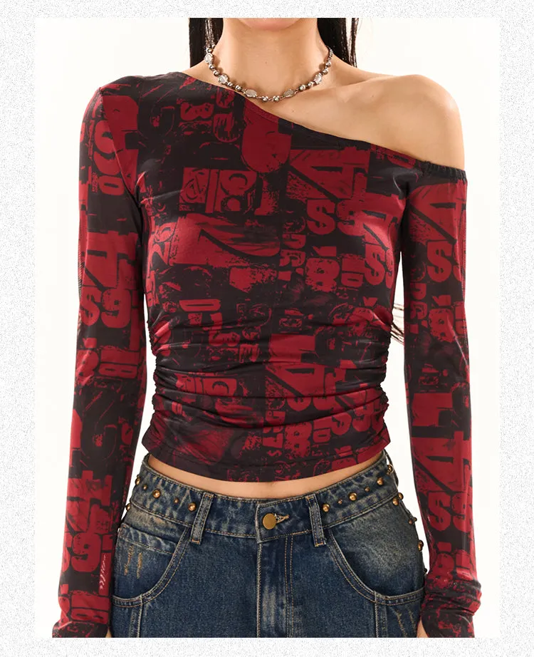 Maranda Graphic Pattern Print Contrast Red & Black Color Off-One-Shoulder Long Sleeve Slim Cropped Top