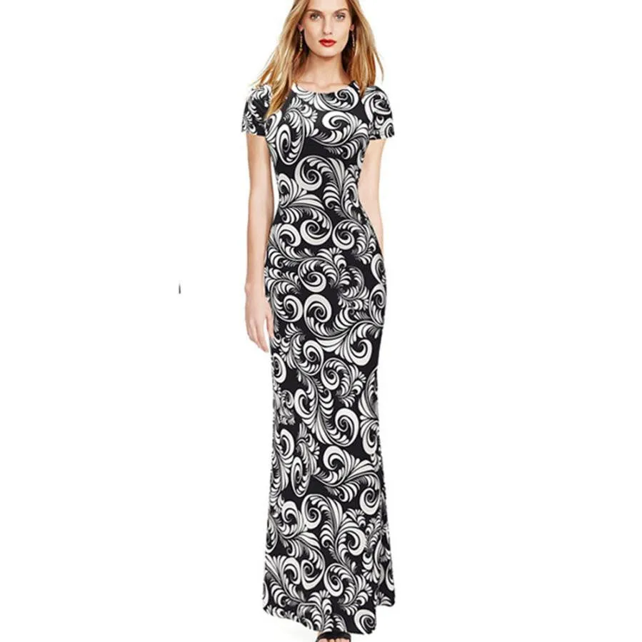 Maxi Dress Printing Floral Slim Short Sleeve Elegant Sexy Dress Vestido Festa Vestidos Longo#B712 SM6