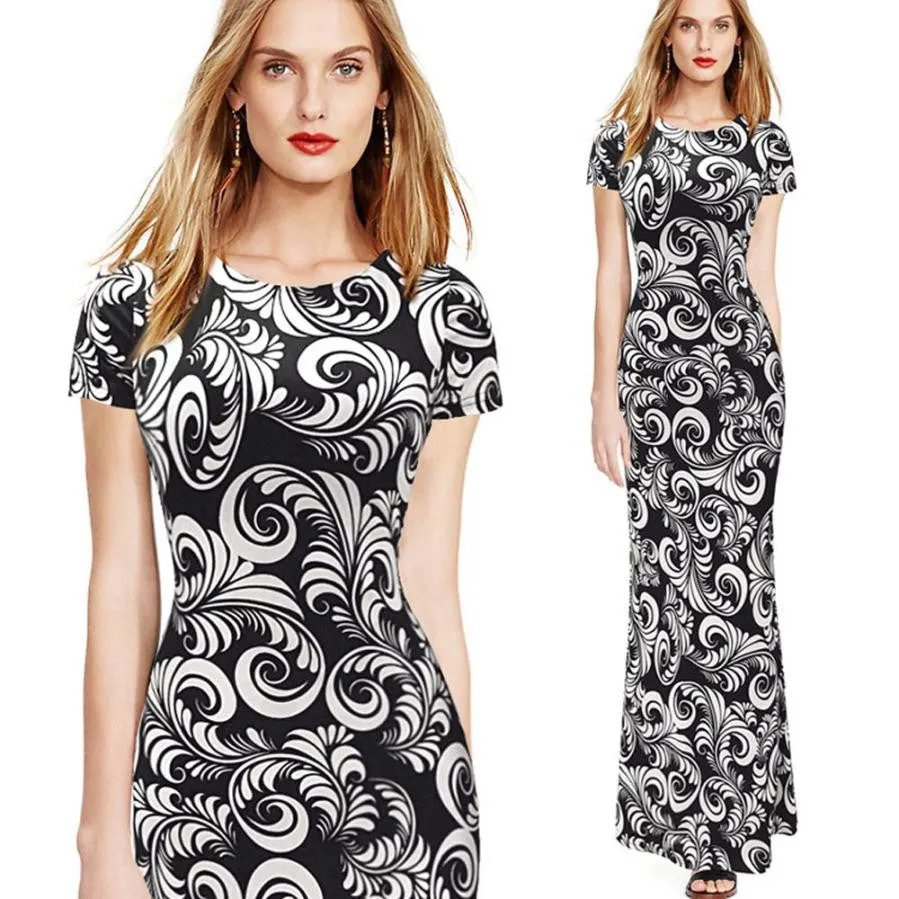 Maxi Dress Printing Floral Slim Short Sleeve Elegant Sexy Dress Vestido Festa Vestidos Longo#B712 SM6