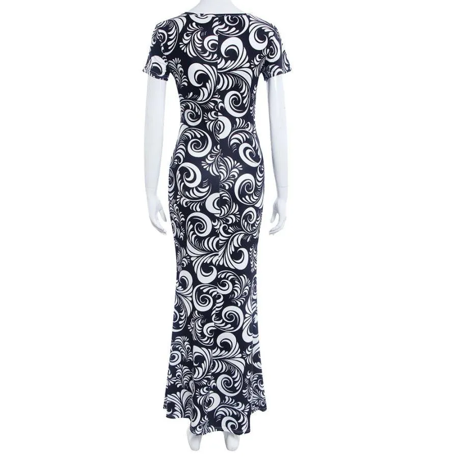 Maxi Dress Printing Floral Slim Short Sleeve Elegant Sexy Dress Vestido Festa Vestidos Longo#B712 SM6