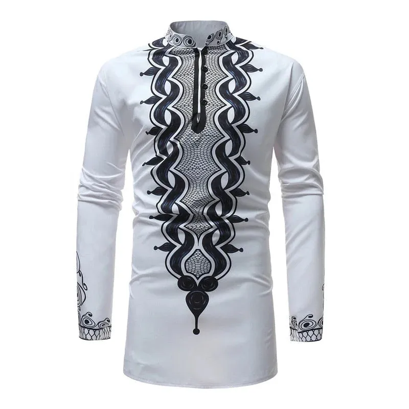 Men's African Tribal Slim Fitted Longline Mandarin Collar Long Sleeve Shirt