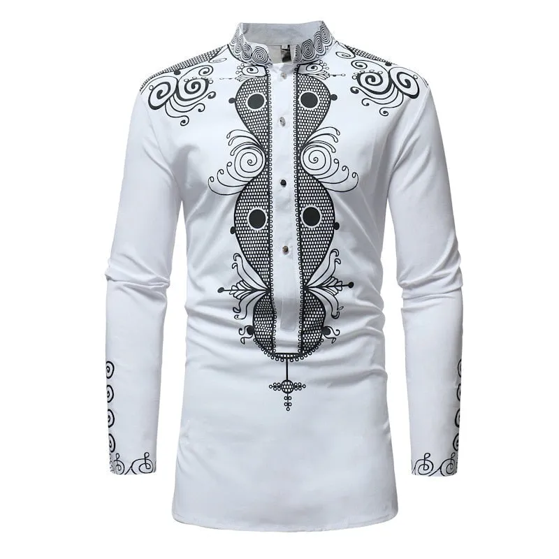 Men's African Tribal Slim Fitted Longline Mandarin Collar Long Sleeve Shirt