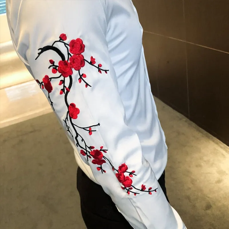 Men's Korean Fashion Polyester Embroidery Slim Fit Long Sleeve Shirt