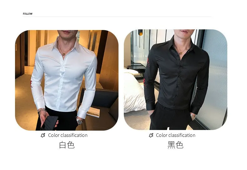 Men's Korean Fashion Polyester Embroidery Slim Fit Long Sleeve Shirt