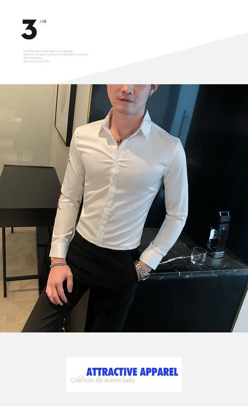 Men's Korean Fashion Polyester Embroidery Slim Fit Long Sleeve Shirt