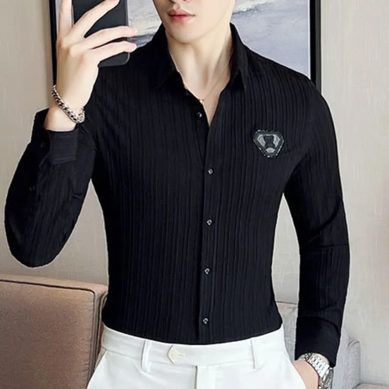 Men's Polyester Leisure Cuba Collar Slim Fit Solid Bear Pattern Shirt