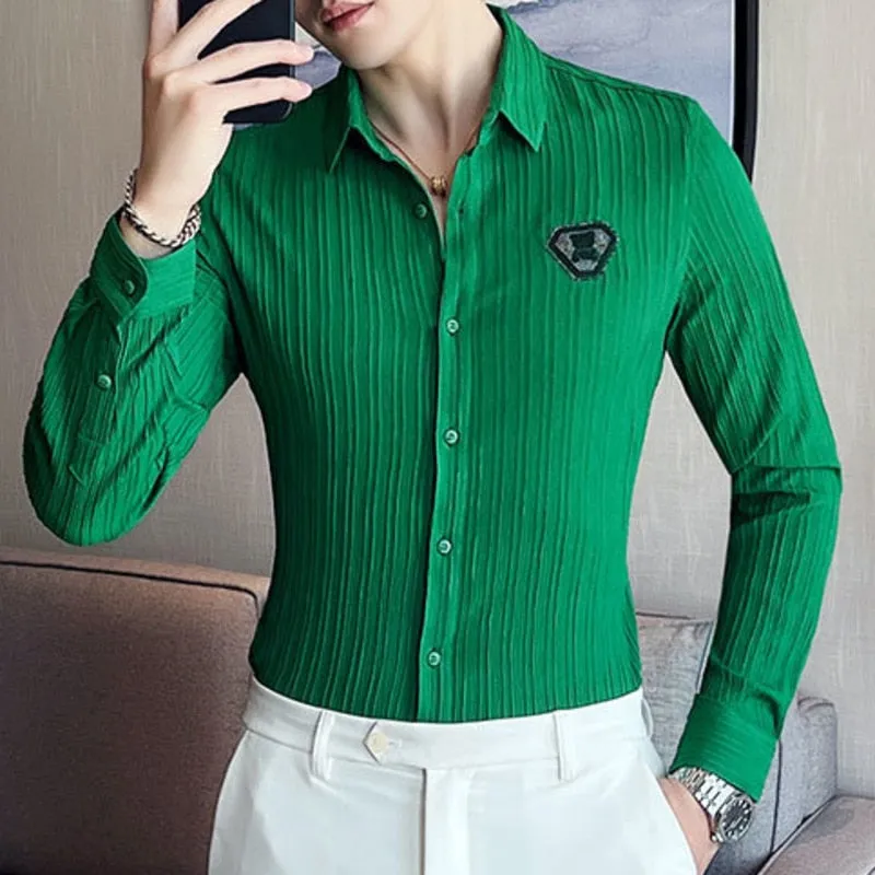 Men's Polyester Leisure Cuba Collar Slim Fit Solid Bear Pattern Shirt