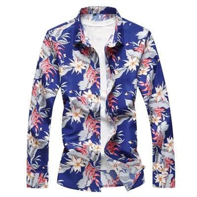 Men's Regular Flower Printed Broadcloth Casual Long Sleeve Slim Shirt