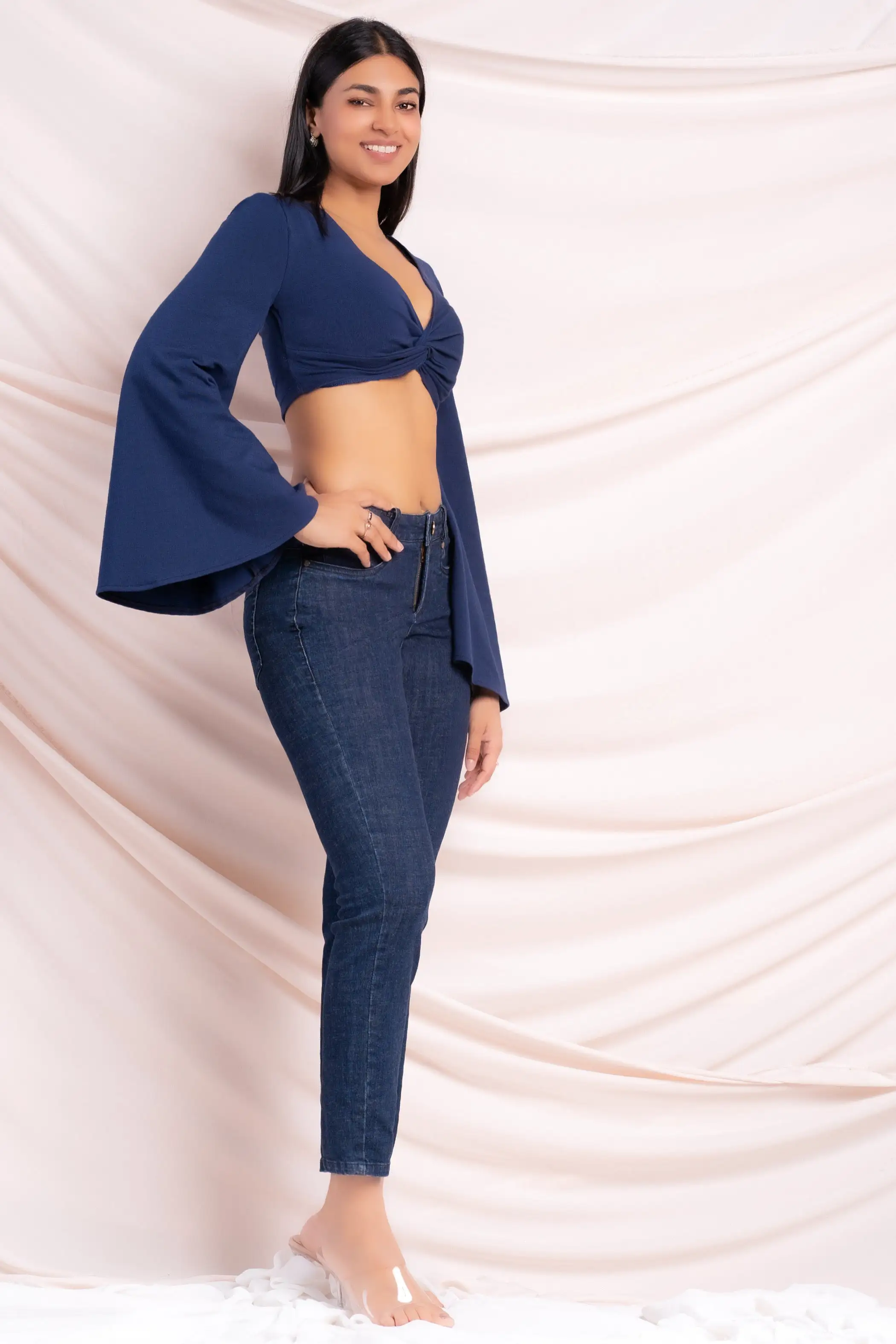 Navy Flare Sleeve Crop Top