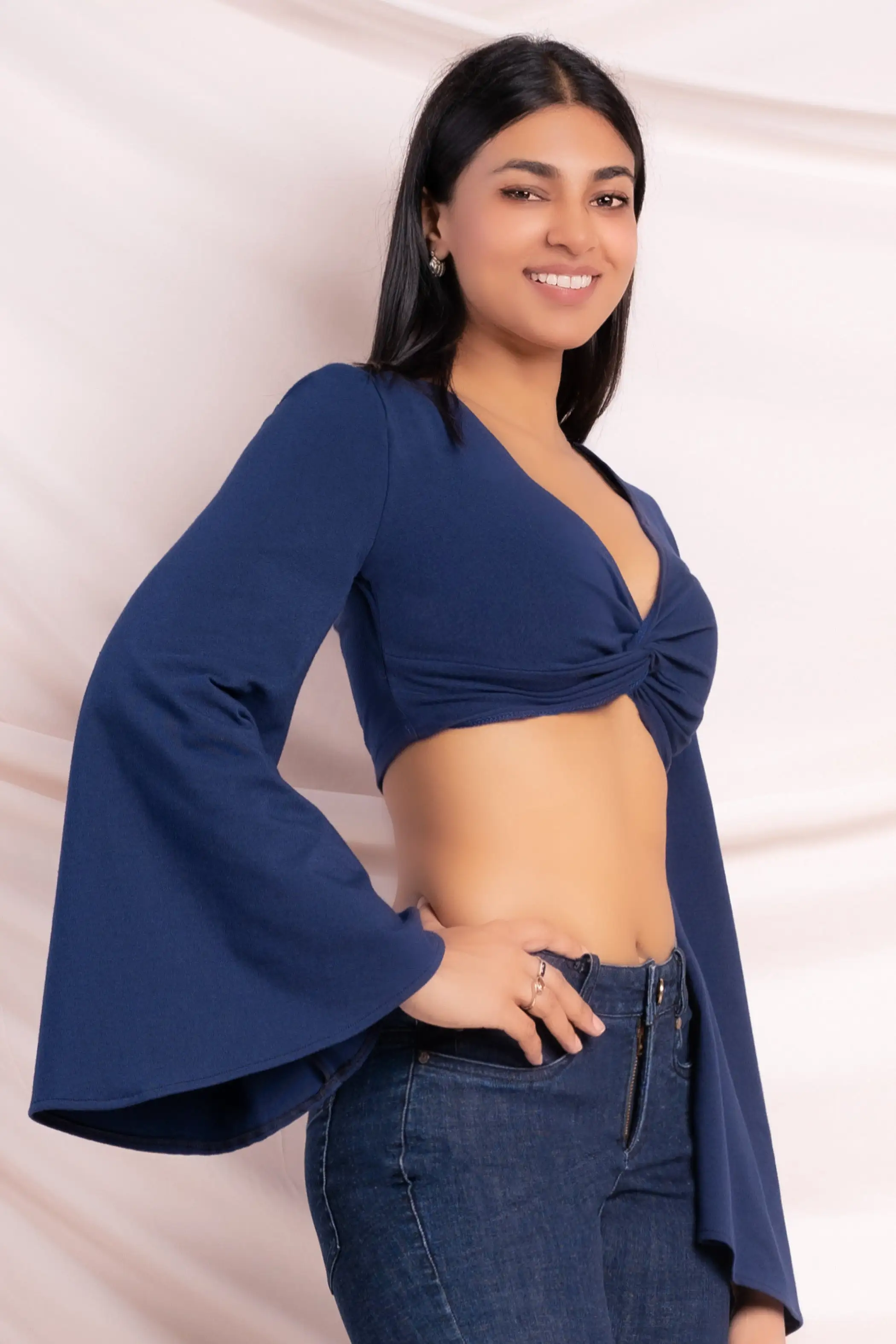 Navy Flare Sleeve Crop Top