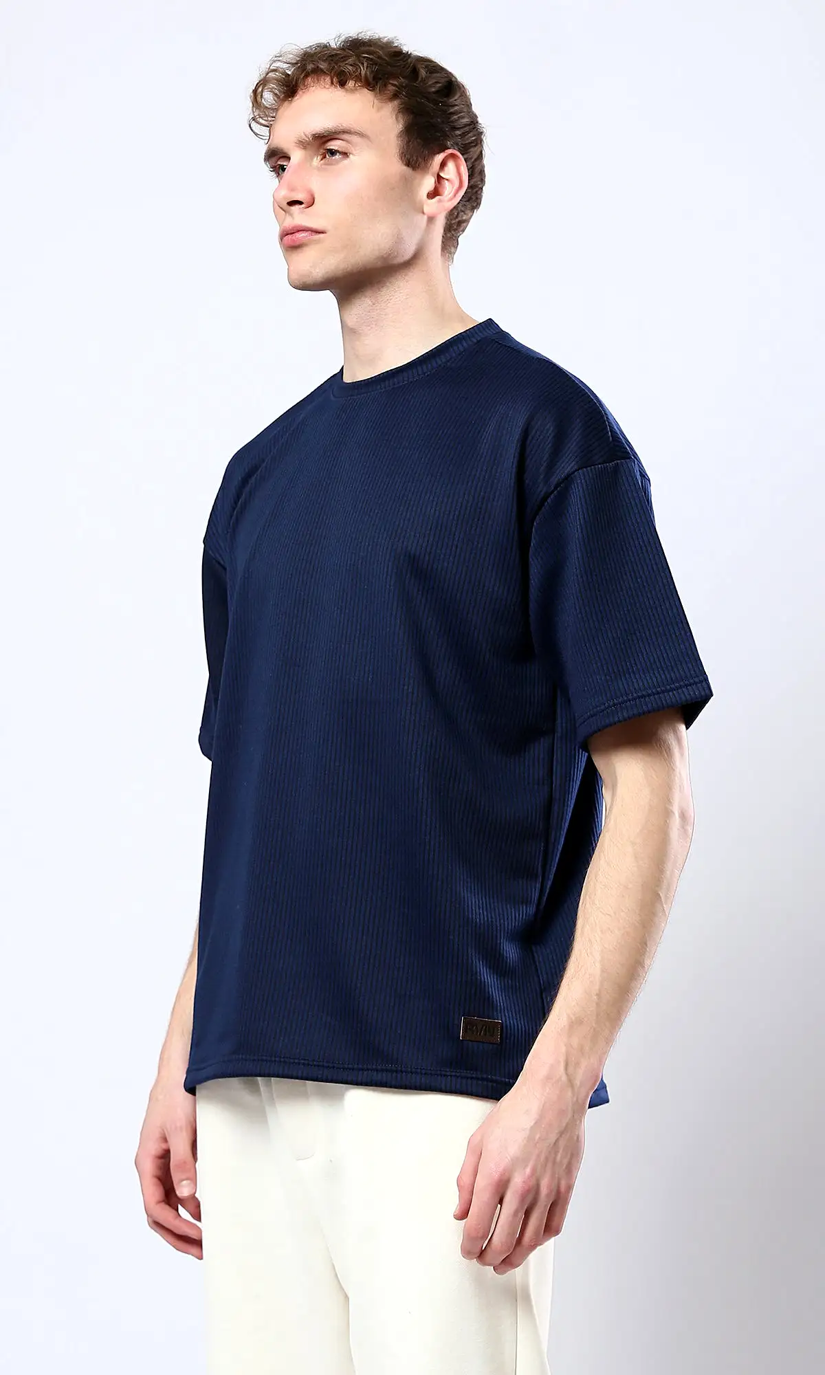 O180760 Short Sleeves All-Over Ribbed Navy Blue Tee