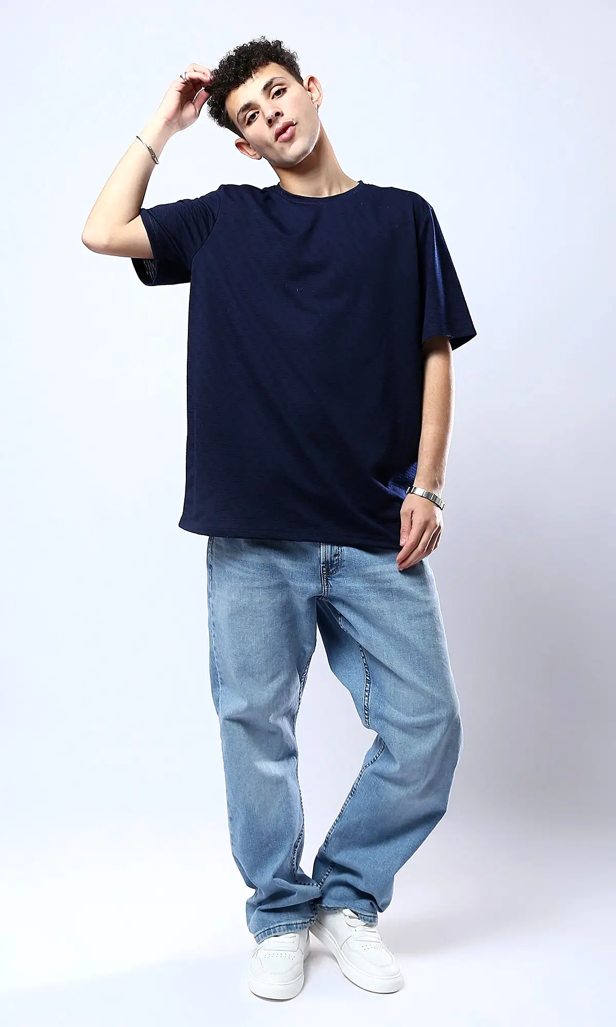 O180764 Elbow-Sleeves Crew Neck Navy Blue Tee