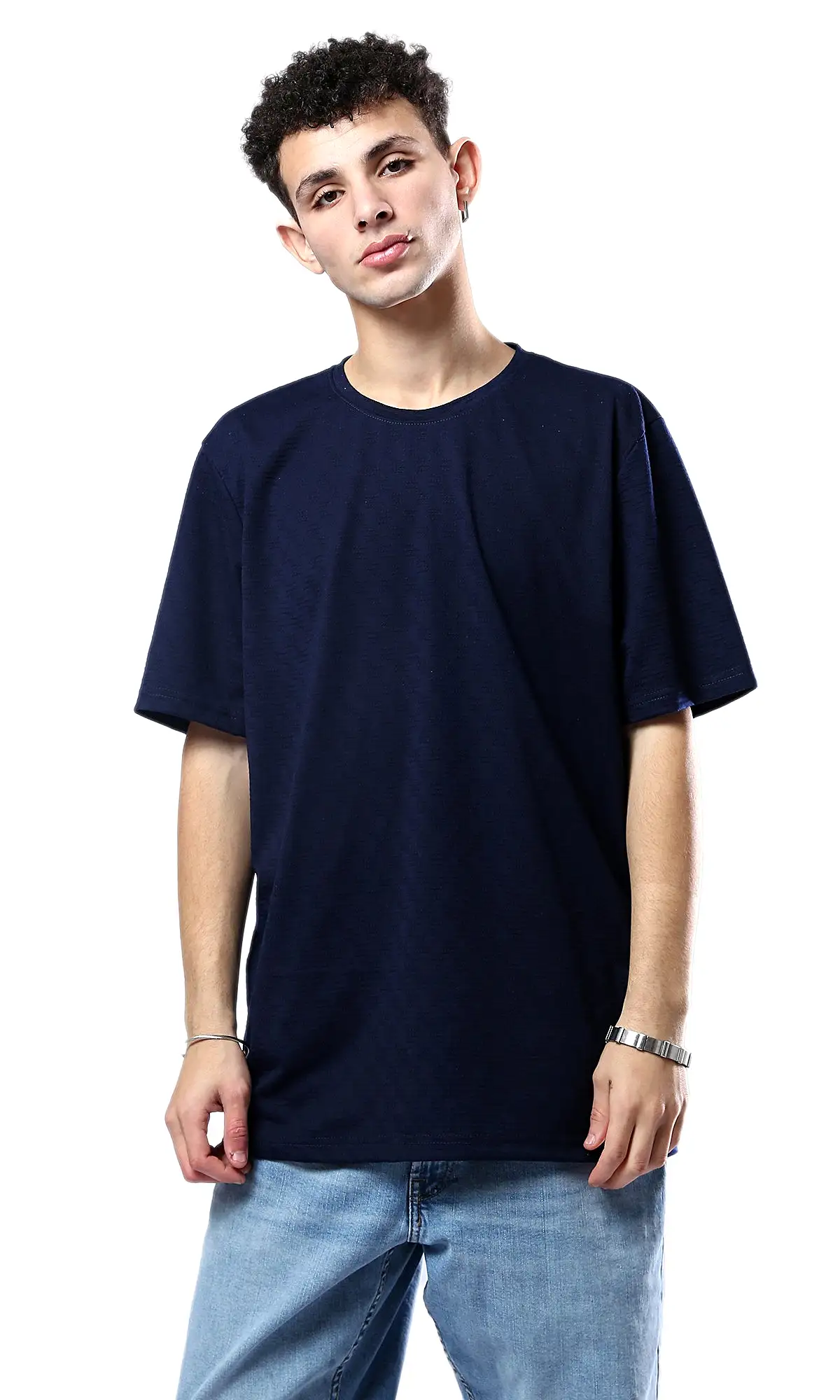 O180764 Elbow-Sleeves Crew Neck Navy Blue Tee