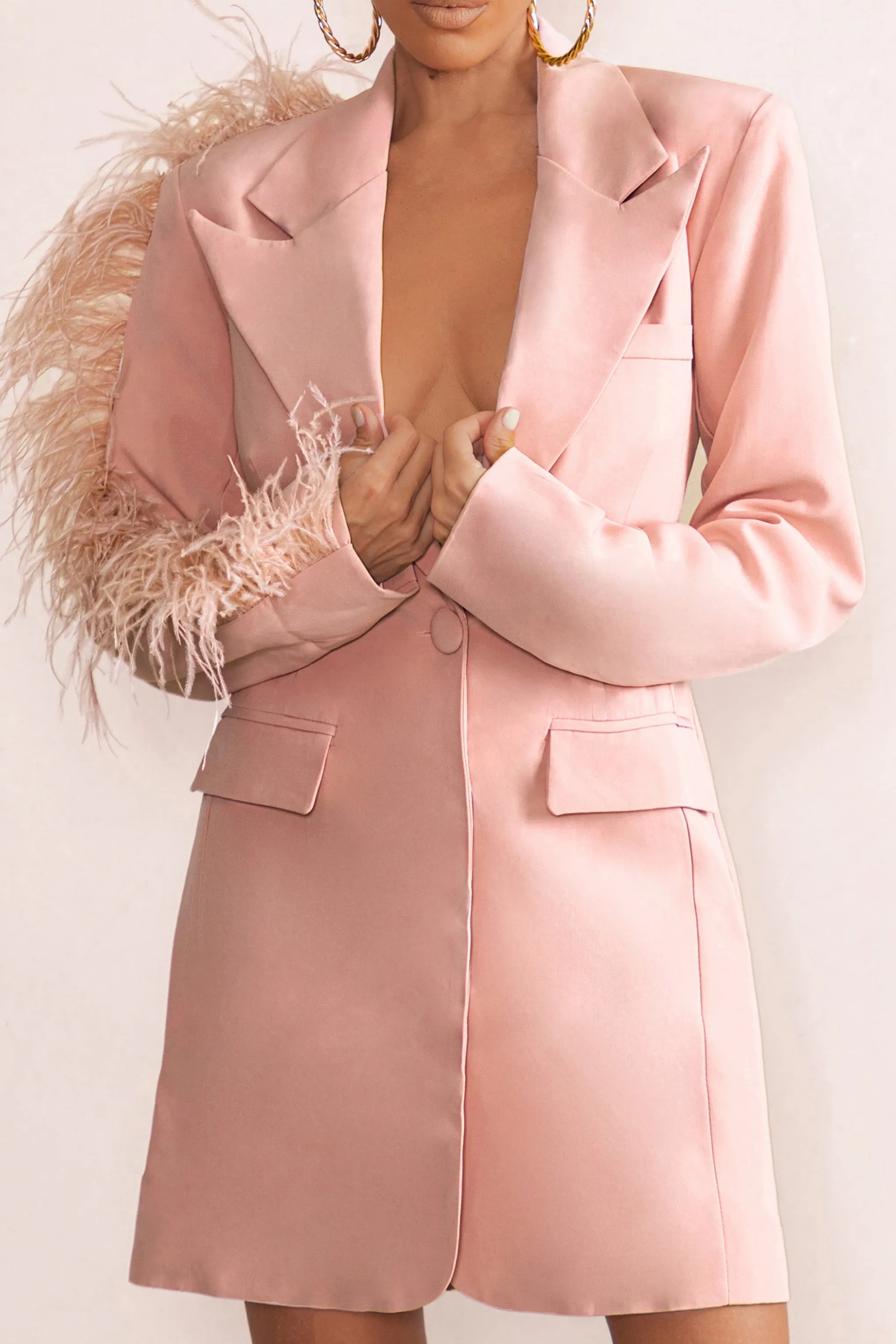 One In A Million | Pink Blazer Mini Dress With Feather Trim